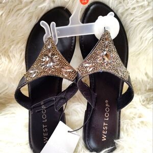West Loop Black Leather Rhinestone Sandals Size Small